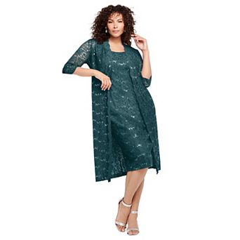 Roaman's Women's Plus Size Extended Plus Size 3/4 Sleeve Formal Duster Sequin Embellished Lace