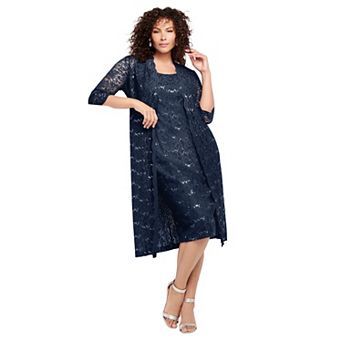 Roaman's Women's Plus Size Extended Plus Size 3/4 Sleeve Formal Duster Sequin Embellished Lace
