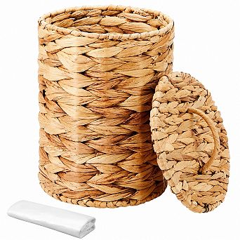 1.3 Gallon Boho Woven Trash Can With Lid Handle 100 Garbage Bags For Bathroom Bedroom Office