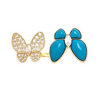 Rivka Friedman 18K Gold Plated Turquoise + Cubic Zirconia Encrusted Butterfly Ring