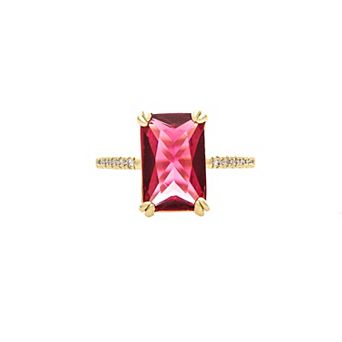 Rivka Friedman 18K Gold Plated Rubelite CZ Solitaire Ring with Pavé Band