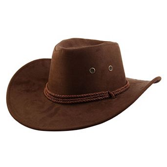 Unisex Faux Suede Adjustable Neck Strap Wide Brim Western Style Sunhat Cowboy Hat