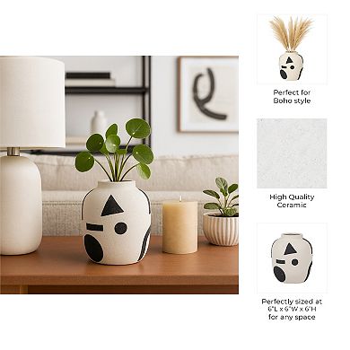 Abstract Ceramic Table Vase for Home Decor - Modern Tall Flower Vase - 6", Ivory & Black