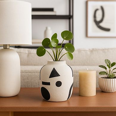 Abstract Ceramic Table Vase for Home Decor - Modern Tall Flower Vase - 6", Ivory & Black