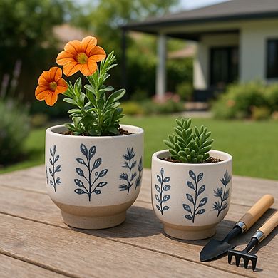6/8" Blue/White Hand Painted Stoneware Planter (Set of 2)