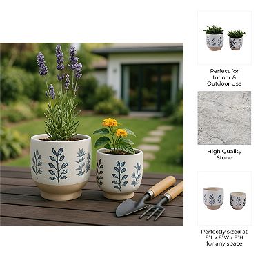 6/8" Blue/White Hand Painted Stoneware Planter (Set of 2)