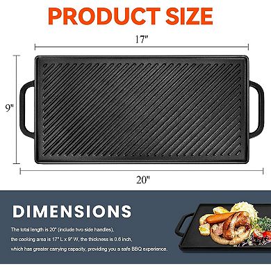 Cast Iron Reversible Grill Griddle for Stove Top, Flat Griddle for Gas Grills