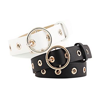 Women's Leather Belt for Jeans Dress Pants Studded Grommet with Circle Metal Buckle