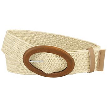 Women Woven Wide Stretch Belts Straw Rattan Oval Wooden Buckle Elastic Waist Belt Waistband