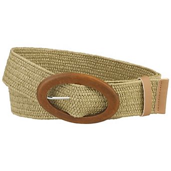 Women Woven Wide Stretch Belts Straw Rattan Oval Wooden Buckle Elastic Waist Belt Waistband