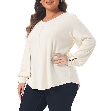 Women's Plus Size Tunic Tops V Neck Pleated Long Sleeve Button Cuff Solid Casual Pullover Blouse