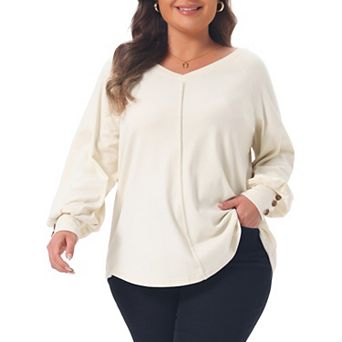 Women's Plus Size Tunic Tops V Neck Pleated Long Sleeve Button Cuff Solid Casual Pullover Blouse