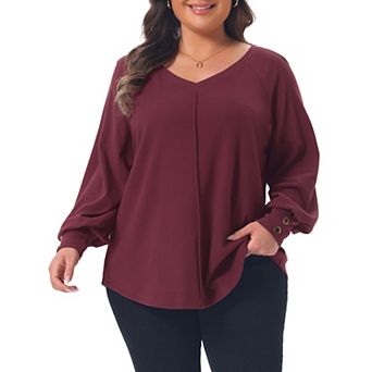 Women's Plus Size Tunic Tops V Neck Pleated Long Sleeve Button Cuff Solid Casual Pullover Blouse