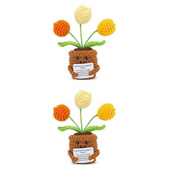 2 Packs Handmade Crochet Puffy Tulip, Knitted Potted Plant for Desk Decor 2.3"L x 4.3"H