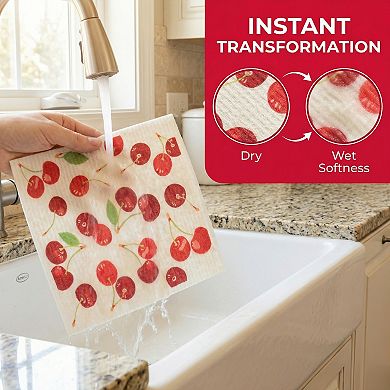 6 Packs Reusable Swedish Kitchen Dish Cloths, Fruit Patten Towels Quick Dry Kitchen Dish Rags 8"x7"
