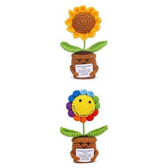 2 Packs Handmade Crochet Sunflower Potted Plant, Cute Knitted Artificial Flower for Desk 2.3"Lx4.3"H