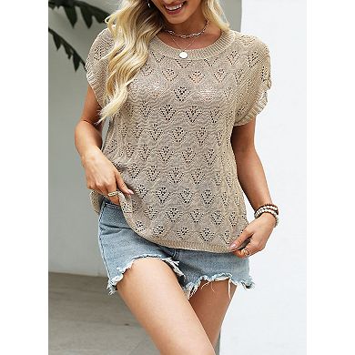 Women's Crew Neck Loose Fit Short Sleeve Knit Top Summer Casual Pullover Sweater