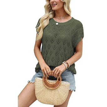 Women's Crew Neck Loose Fit Short Sleeve Knit Top Summer Casual Pullover Sweater