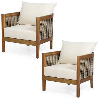 Outdoor Acacia Wood Club Chairs, Set of 2 with Wicker Accents & Beige Cushions
