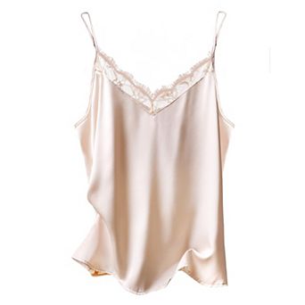 Ekouaer Women's Satin Camisole Lace Pajama Tank Tops V Neck Soft Spaghetti Strap Loose