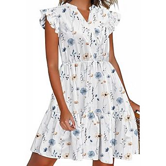Zeagoo Women Printed Dress for Summer Short Ruffle Sleeve Dress Tiered Mini Dress with Pockets