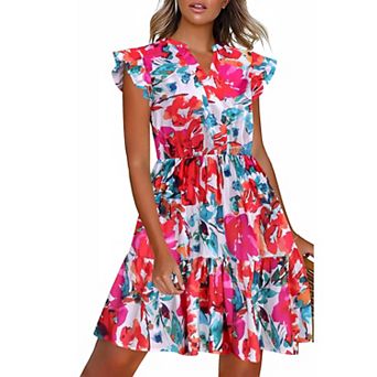 Zeagoo Women Printed Dress for Summer Short Ruffle Sleeve Dress Tiered Mini Dress with Pockets