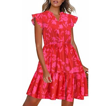 Zeagoo Women Printed Dress for Summer Short Ruffle Sleeve Dress Tiered Mini Dress with Pockets