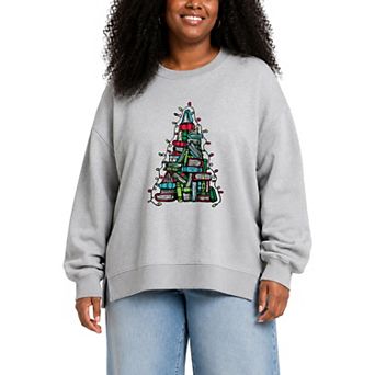 Plus Size Book Christmas Tree Oversized Fleece Crew Sweatshirt