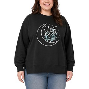 Plus Size Moon Flowers Oversized Fleece Crew Sweatshirt
