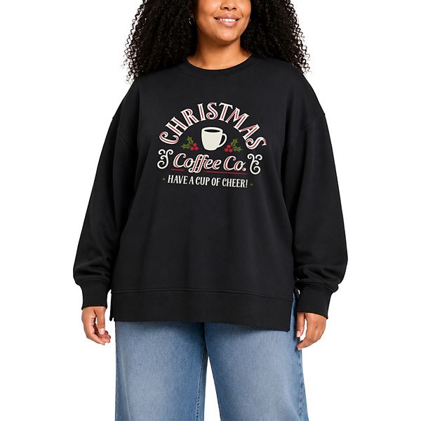 Plus Size Christmas Coffee Co Oversized Fleece Crew Sweatshirt
