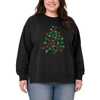Plus Size Paw Print Christmas Tree Oversized Fleece Crew Sweatshirt