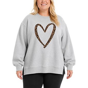Plus Size Leopard Print Heart Outline Oversized Fleece Crew Sweatshirt
