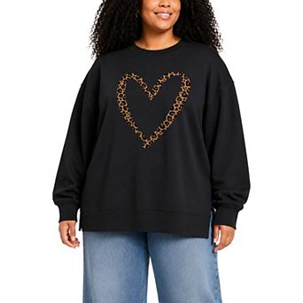 Plus Size Leopard Print Heart Outline Oversized Fleece Crew Sweatshirt