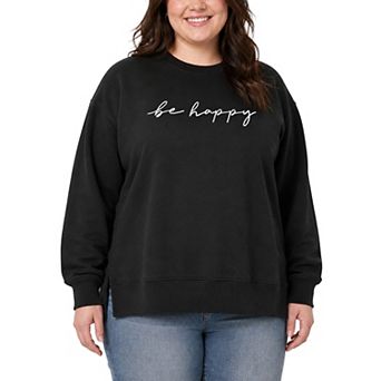 Plus Size Be Happy Script Oversized Fleece Crew Sweatshirt