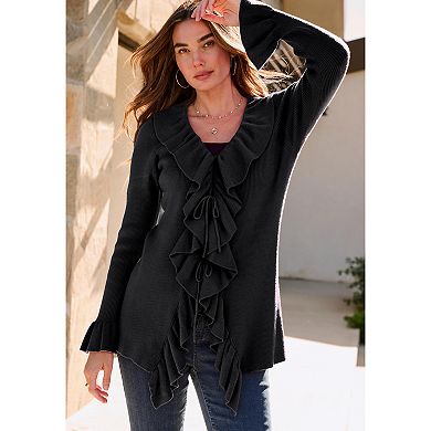 Roaman's Women's Plus Size V-Neck Ruffle Trim Tie-Front Cardigan