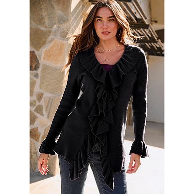 Roaman's Women's Plus Size V-Neck Ruffle Trim Tie-Front Cardigan