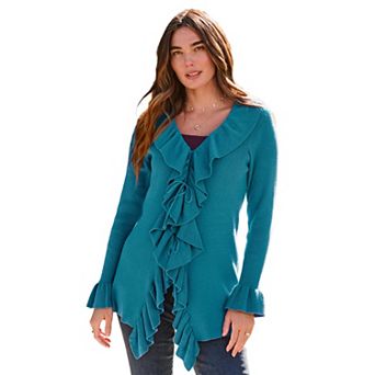 Roaman's Women's Plus Size V-Neck Ruffle Trim Tie-Front Cardigan