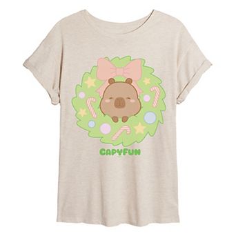 Juniors' CapyFun Capybara Christmas Wreath Oversized Tee