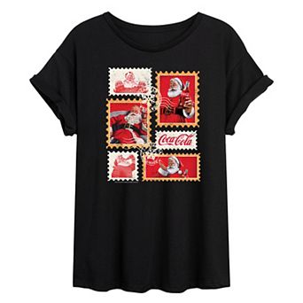 Juniors' Coca-Cola Vintage Holiday Stamp Collage Oversized Tee