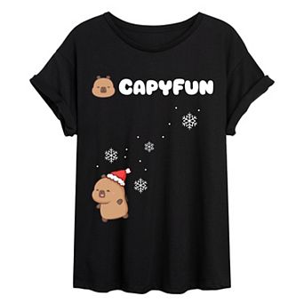 Juniors' CapyFun Capybara Winter Holiday Oversized Tee
