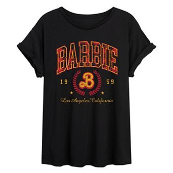 Juniors' Barbie Collegiate Christmas Plaid Oversized Tee