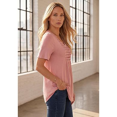 Roaman's Women's Plus Size V-Neck Smocked Yoke A-Line Tunic