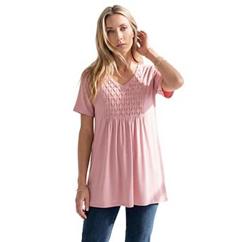 Roaman's Women's Plus Size V-Neck Smocked Yoke A-Line Tunic