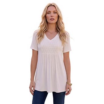 Roaman's Women's Plus Size V-Neck Smocked Yoke A-Line Tunic