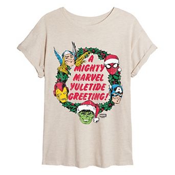 Juniors' Marvel A Mighty Marvel Yuletide Greeting Oversized Tee