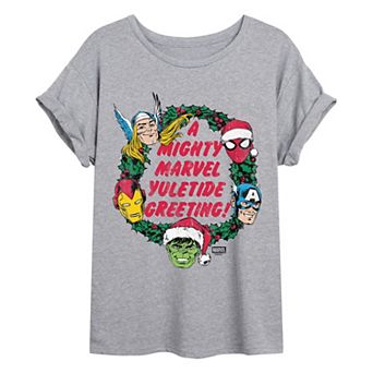 Juniors' Marvel A Mighty Marvel Yuletide Greeting Oversized Tee