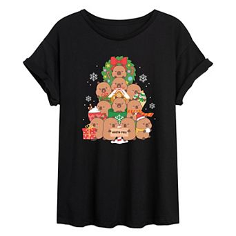 Juniors' CapyFun Capybara Christmas Tree Oversized Tee