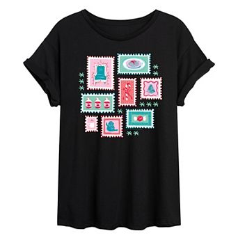 Juniors' Elf Holiday Stamp Collage Oversized Tee