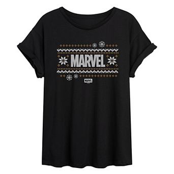 Juniors' Marvel Fair Isle Holiday Oversized Tee