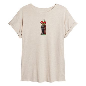 Juniors' Coca-Cola Bottle Holiday Bow Oversized Tee